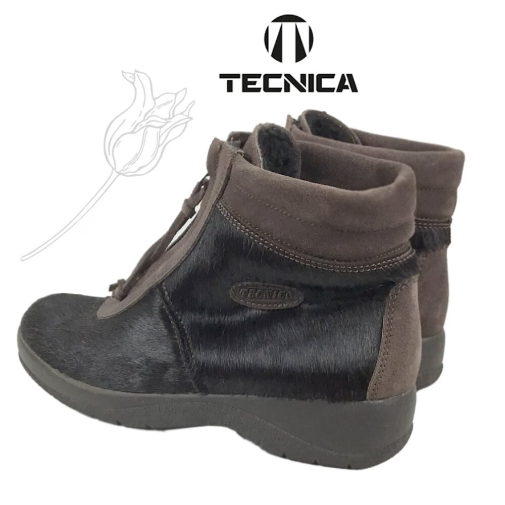 Tecnica Brown Pony Hair Fur Front Zip Closure Shearling Lined Ankle Boots NWOT